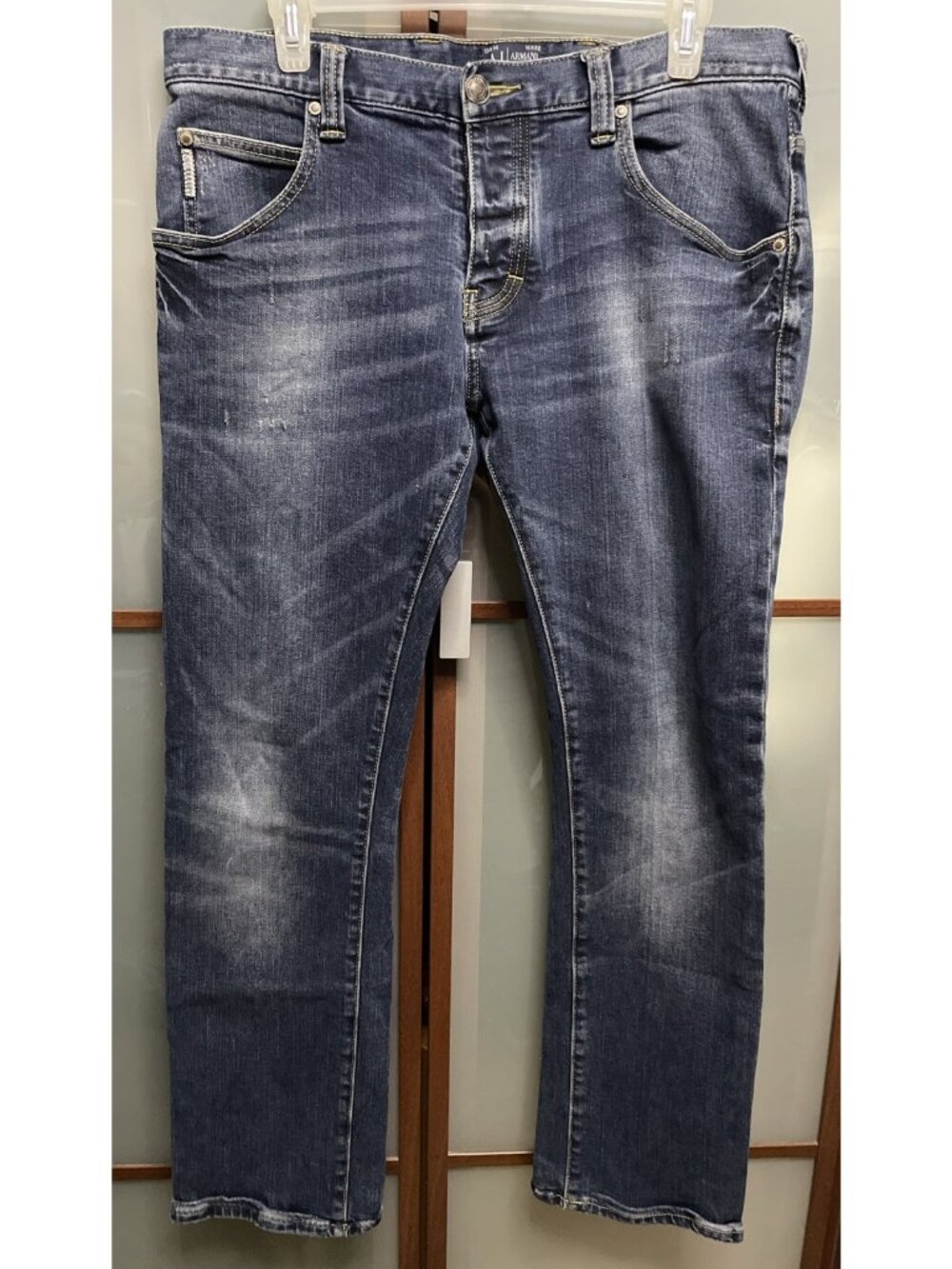 Armani Jeans Vintage J08 Slim Mens W33 L30 Stretch Denim Dark Blue Straight Leg